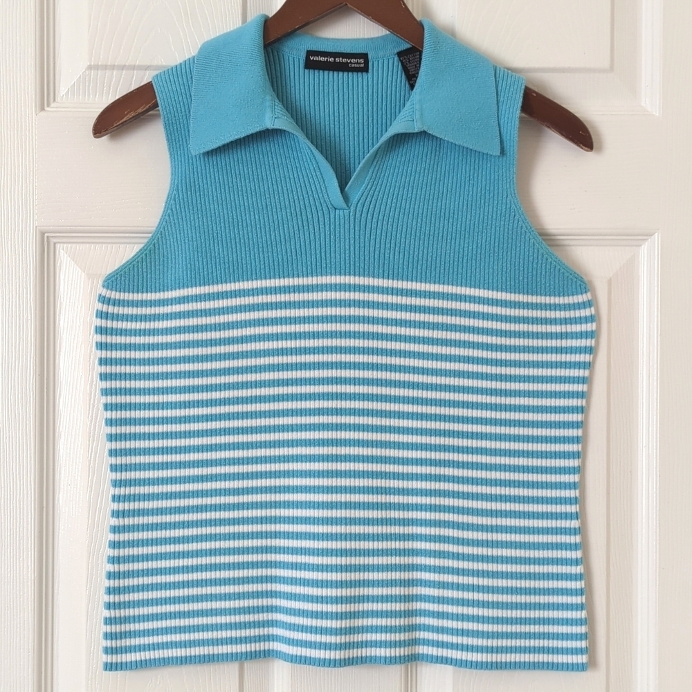 Valerie Stevens 90's Vintage Striped Ribbed Knit Collared Tank Top Blue White M